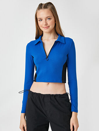 Uzun Kollu Tişört Crop Polo Yaka Yarım Fermuarlı
