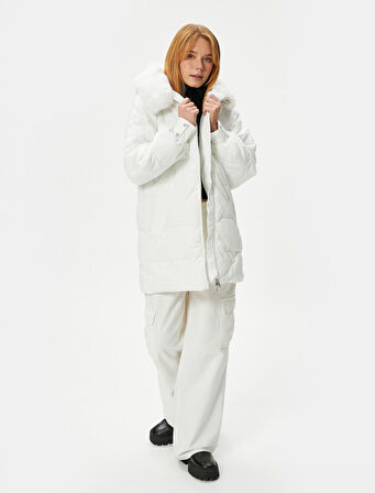 Şişme Mont Kapüşonlu Fermuarlı Çıkarılabilir Suni Kürklü