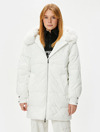 Şişme Mont Kapüşonlu Fermuarlı Çıkarılabilir Suni Kürklü