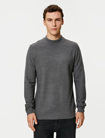 Basic Triko Kazak Slim Fit Dik Yaka Dokulu Uzun Kollu