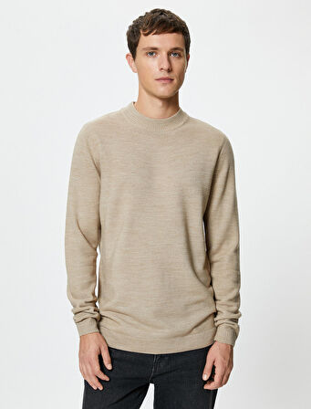 Basic Triko Kazak Slim Fit Dik Yaka Dokulu Uzun Kollu