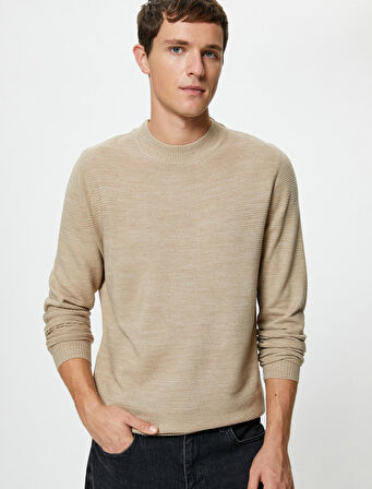 Basic Triko Kazak Slim Fit Dik Yaka Dokulu Uzun Kollu