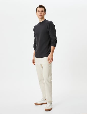 Slim Fit Kazak Triko Basic Bisiklet Yaka Dokulu
