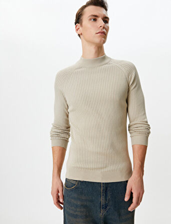 Slim Fit Kazak Triko Dik Yaka Reglan Kollu Dokulu