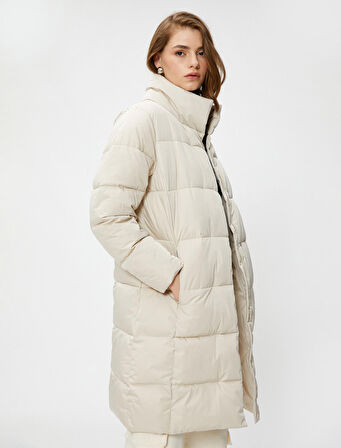 Uzun Şişme Mont Dik Yaka Cepleri Fermuarlı