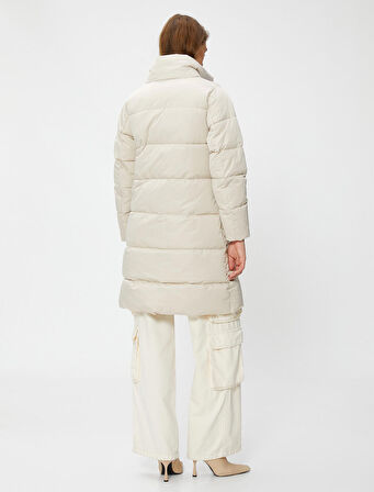 Uzun Şişme Mont Dik Yaka Cepleri Fermuarlı