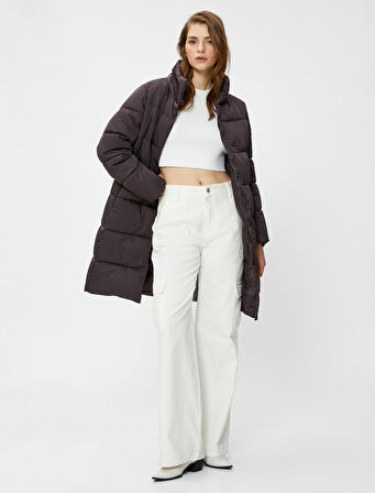 Uzun Şişme Mont Dik Yaka Cepleri Fermuarlı