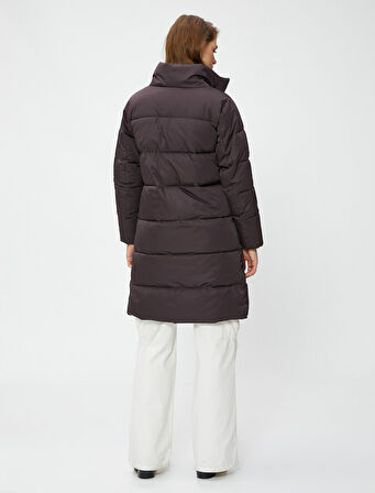 Uzun Şişme Mont Dik Yaka Cepleri Fermuarlı