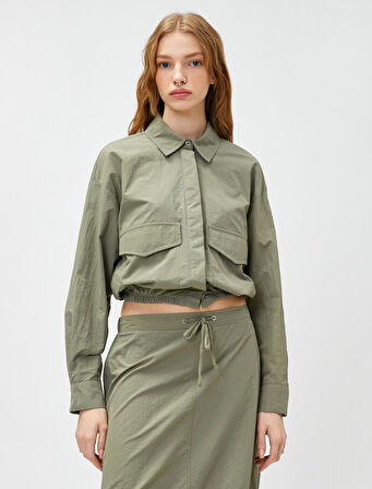 Crop Gömlek Uzun Kollu Cep Detaylı Beli Lastikli Düğmeli