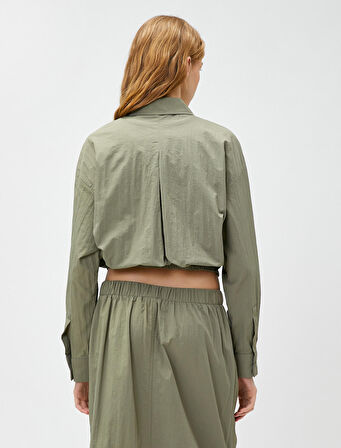 Crop Gömlek Uzun Kollu Cep Detaylı Beli Lastikli Düğmeli