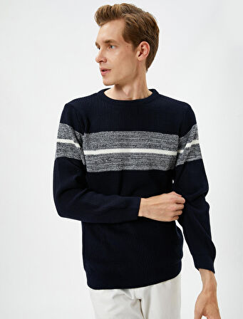 Bisiklet Yaka Kazak Slim Fit Renk Bloklu Uzun Kollu