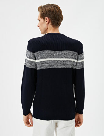 Bisiklet Yaka Kazak Slim Fit Renk Bloklu Uzun Kollu