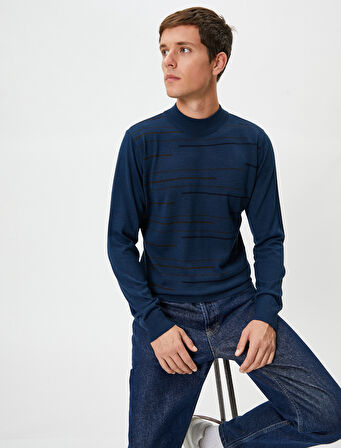 Triko Kazak Yarım Balıkçı Yaka Slim Fit Çizgi Desenli