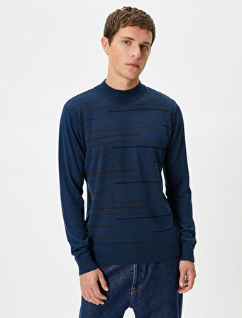 Triko Kazak Yarım Balıkçı Yaka Slim Fit Çizgi Desenli