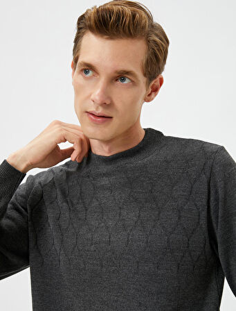 Bisiklet Yaka Kazak Slim Fit Dokulu Ribanalı Uzun Kollu