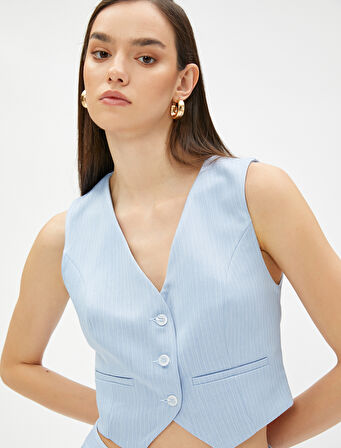 Crop Blazer Yelek Düğmeli Cep Detaylı