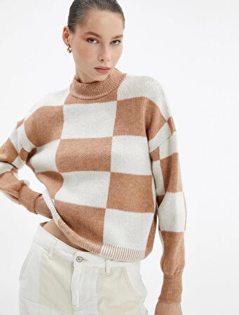 Koton Kadın Boğazlı Kazak Kareli Yumuşak Dokulu Uzun Kollu 4WAL90069HT