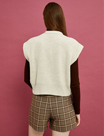 Triko Yelek Desenli Gömlek Yaka Düğmeli Kolsuz