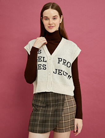 Triko Yelek Desenli Gömlek Yaka Düğmeli Kolsuz