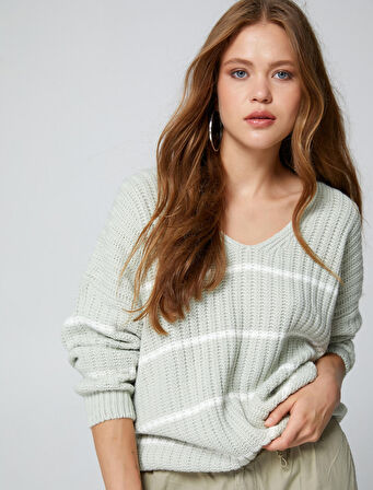 V Yaka Triko Kazak Uzun Kollu Düşük Omuzlu Ribanalı