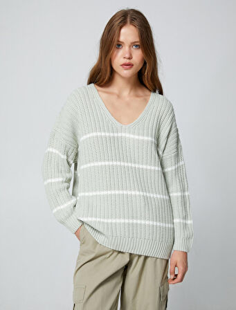 V Yaka Triko Kazak Uzun Kollu Düşük Omuzlu Ribanalı