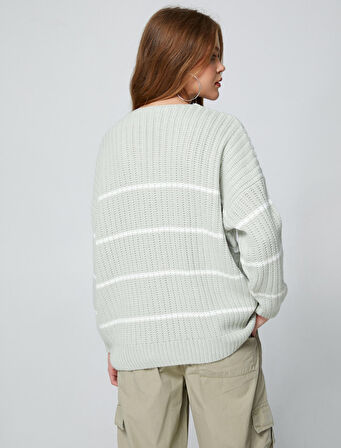 V Yaka Triko Kazak Uzun Kollu Düşük Omuzlu Ribanalı