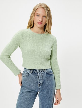 Basic Peluş Crop Kazak Uzun Kollu Yuvarlak Yaka 