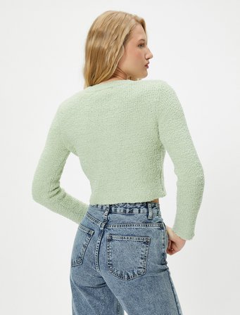 Basic Peluş Crop Kazak Uzun Kollu Yuvarlak Yaka 