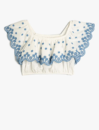 Crop Bluz Düşük Omuz Fırfırlı Katlı Floral Desenli Pamuklu