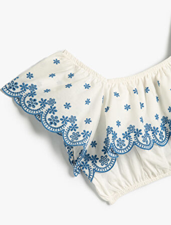 Crop Bluz Düşük Omuz Fırfırlı Katlı Floral Desenli Pamuklu