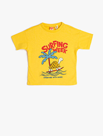 Tişört Kısa Kollu Bisiklet Yaka Kaplumbağa Baskılı Pamuklu