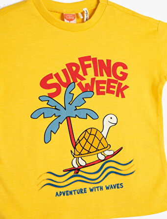 Tişört Kısa Kollu Bisiklet Yaka Kaplumbağa Baskılı Pamuklu