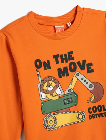 Sweatshirt Bisiklet Yaka Pamuklu Dozer Baskılı Şardonlu