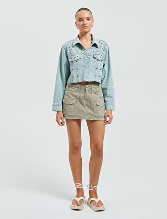 Crop Kot Ceket Pamuklu Zımba Detaylı Kapaklı Çift Cepli 