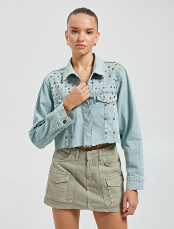 Crop Kot Ceket Pamuklu Zımba Detaylı Kapaklı Çift Cepli 