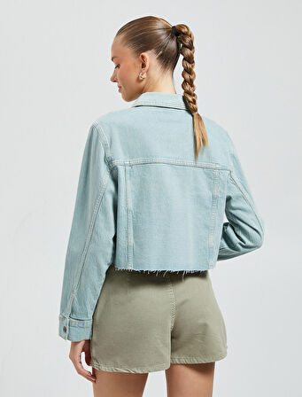 Crop Kot Ceket Pamuklu Zımba Detaylı Kapaklı Çift Cepli 