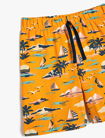 Şort Okyanus Temalı Beli Bağlamalı Pamuklu