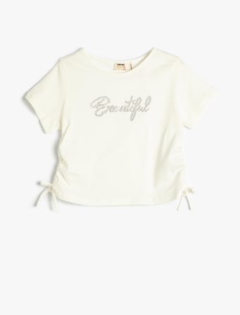 Tişört Pamuklu Kısa Kollu Yanları Bağlamalı İşleme Detaylı Yuvarlak Yaka