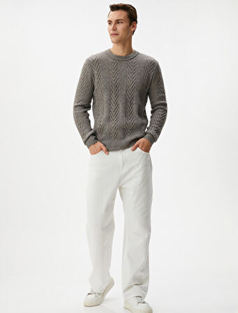 Triko Kazak Bisiklet Yaka Örgü Dokulu Uzun Kollu