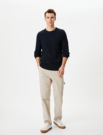 Basic Triko Kazak Bisiklet Yaka Kumaş Detaylı Pamuklu