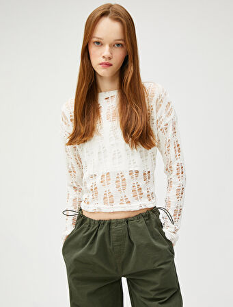 Uzun Kollu Tişört File Crop Bisiklet Yaka Ajurlu