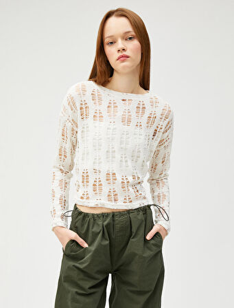 Uzun Kollu Tişört File Crop Bisiklet Yaka Ajurlu