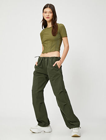 Crop Tişört Korse Görünümlü Kısa Kollu Bisiklet Yaka