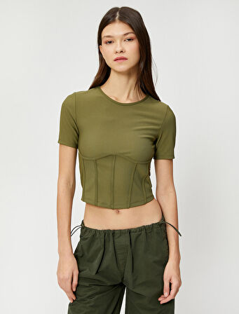 Crop Tişört Korse Görünümlü Kısa Kollu Bisiklet Yaka