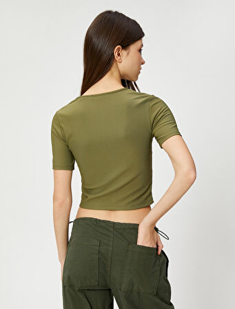 Crop Tişört Korse Görünümlü Kısa Kollu Bisiklet Yaka