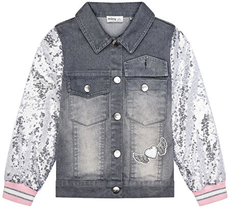 Kız Çocuk Kolları Pul Payetli Nakışlı Denim Ceket MNT25K236
