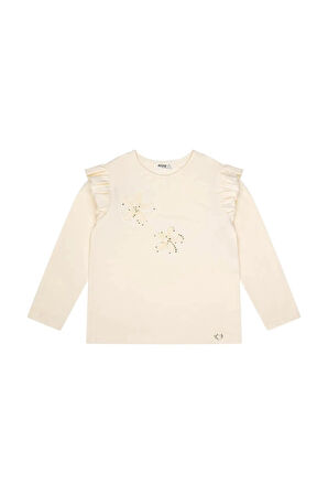 Kız Çocuk Çiçek Nakışlı Omuz Fırfırlı Uzun Kollu Tshirt MNT25K215