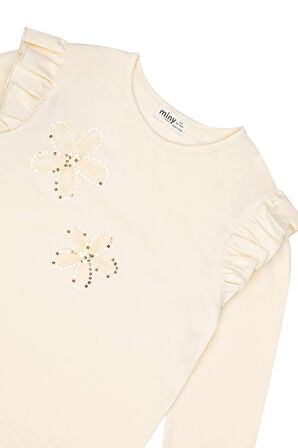 Kız Çocuk Çiçek Nakışlı Omuz Fırfırlı Uzun Kollu Tshirt MNT25K215