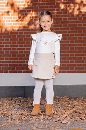 Kız Çocuk Çiçek Nakışlı Omuz Fırfırlı Uzun Kollu Tshirt MNT25K215