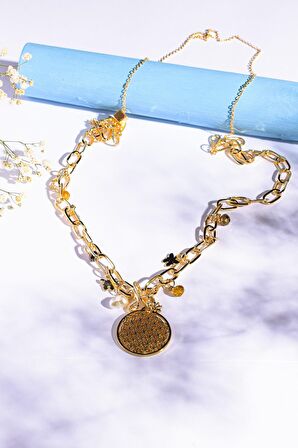 Gold Yaşam Çiçeği Madalyon Kolye, Charm Kolye, 2'li Kolye Seti